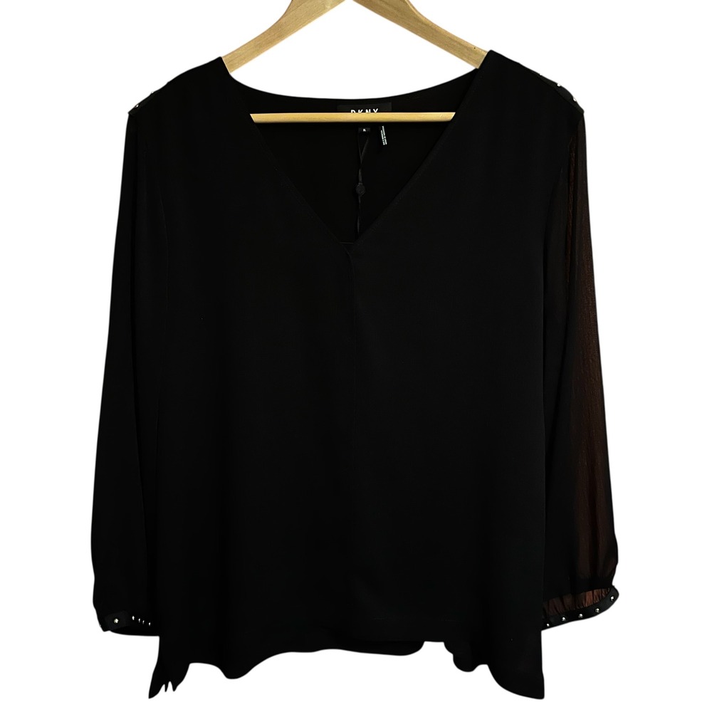 NWT DKNY Women's Black Studded V-Neck Sheer Sleeve Blouse  XL